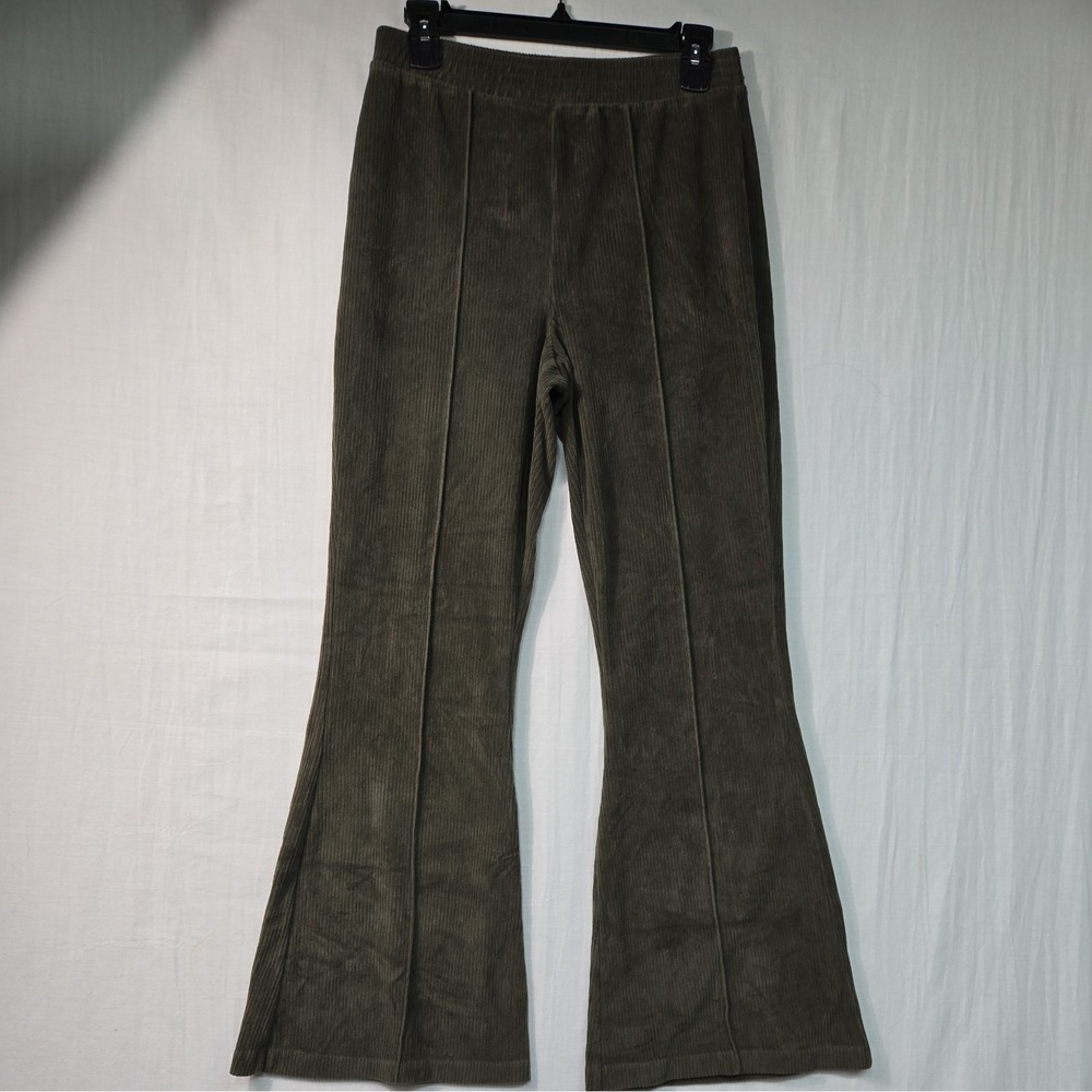 Aerie Women's M Groove-On Green Ribbed Velour Flared Leg Lounge Pants Pull On